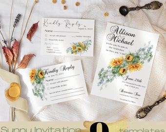 May include: A set of 9 printable sunflower wedding invitation templates with a watercolor design. The invitation features a sunflower bouquet with green leaves and the text "Allison & Michael" and "June 28th".