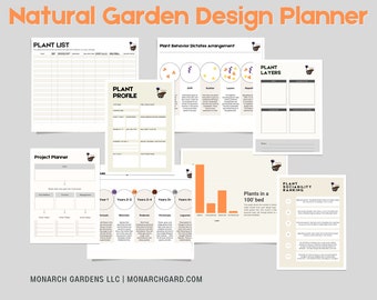 May include: A printable garden design planner with worksheets for plant lists, plant profiles, project planning, plant behaviour, plant layers, and plant sociability ranking. The planner features a whimsical illustration of a bird with a wheelbarrow.