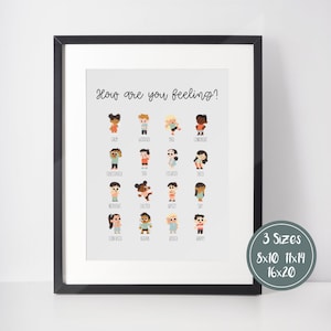 Kids Emotion Poster, Diverse Feelings Chart, How are you feeling, Psychologist Office, School Counselor, Therapy Office Decor, Kindergarten