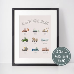 Vrachtwagens gevoelens grafiek, voorschoolse emotie poster, hoe voel je je, kalm hoekje, OT, therapie kantoor decor, emotionele regulatie