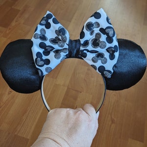 Black satin ears with animal print bow, animal print ears headband, leopard print ears