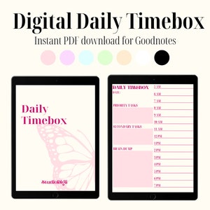 May include: A digital daily timebox planner for Goodnotes, featuring a pink butterfly design and a time-blocked schedule from 5 AM to 7 PM. The planner includes sections for priority tasks, secondary tasks, and a brain dump.