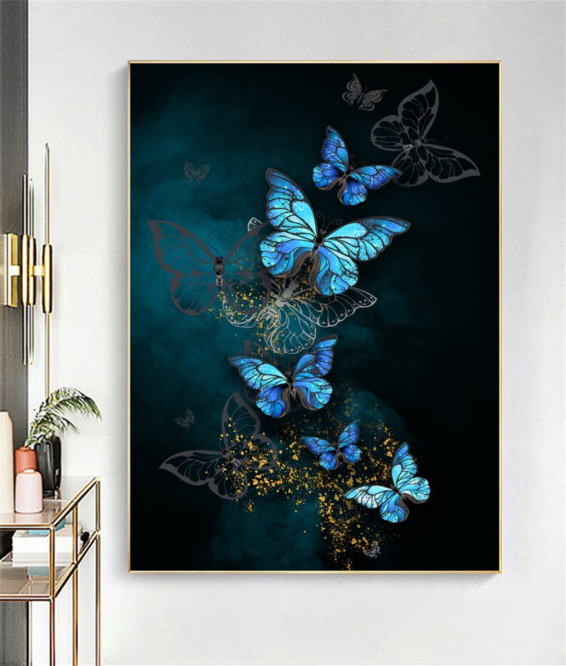 Modern Blue Butterfly Prints, Abstract Wall Art, Home Decor Art, Light