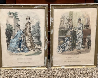 Set of 2  - Original - Ladies Fashion Prints in vintage frames  "La Mode Illustree" 1877 No. 1 and No. 23 - BEAUTIFUL Art!