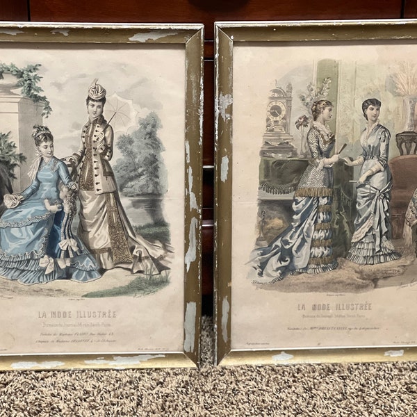 Set of 2  - Original - Ladies Fashion Prints in vintage frames  "La Mode Illustree" 1877 No. 1 and No. 23 - BEAUTIFUL Art!