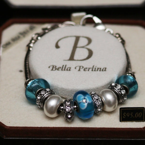 Vintage Cella Perlina European Charm Bracelet Turquoise Teal Silver BEAUTIFUL!