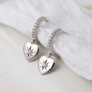 Sterling Silver Heart Hoop Earrings With Cubic Zirconia - Dangle Fashion Earrings For Women