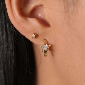 14K Gold Star Hoop Earrings: Sterling Silver Huggies