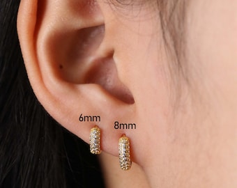 Sterling Silver Huggie Hoop Earrings: 18K Gold Plated, Cubic Zirconia