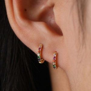 Rainbow Pave Huggie Earrings, Hoop Earrings, 18K Gold/Silver, Gift for Her, Cartilage Hoop, Minimalist Earrings