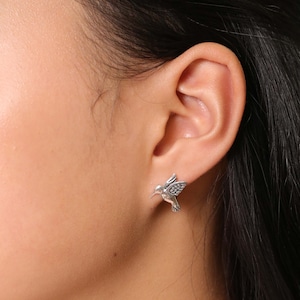 Hummingbird Earrings, Oxidized Earrings, Sterling Silver Stud Earring, Everyday Earrings, Minimalist Jewelry, Gifts for Her - 706-23449