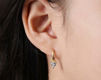 Heart Zircon Huggie Earrings: 925 Sterling Silver Dangle Earrings