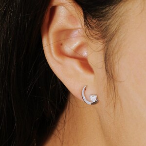 Sterling Silver Moon & Heart Stud Earrings: Minimalist Cubic Zirconia