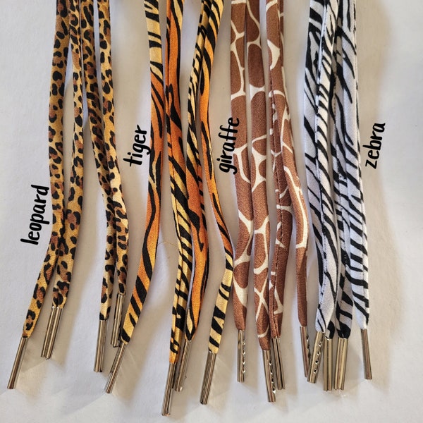 Cute Shoe Laces - Metal Tips - Adults & Kiddos - Four Lengths - Animal Prints - Leopard - Zebra - Giraffe - Tiger