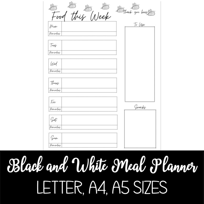 Weekly Meal Planner Printable Black And White Planner Etsy