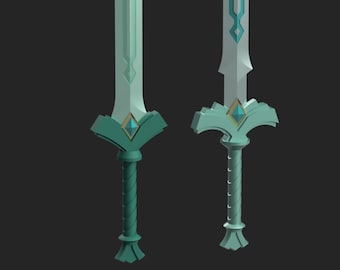 May include: Two decorative swords with teal and white blades and green handles. The larger sword has a more intricate design on the blade.