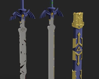 May include: A Master Sword replica with a blue and gold hilt, a silver blade, and a matching blue and gold scabbard. The sword has a damaged blade with a jagged edge.