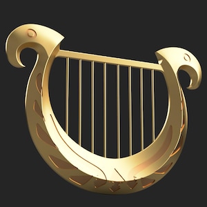 May include: A golden harp with a curved body and vertical strings. The harp has decorative details on the ends and along the curved base. The background is a solid dark gray.