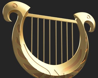 May include: A gold-coloured harp with a curved body and vertical strings. The harp has decorative details on the ends and along the curved base. The background is a solid dark grey.