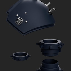 May include: A set of three dark blue metal pipe fittings with multiple screw-on attachments. The fittings are designed to connect pipes together.