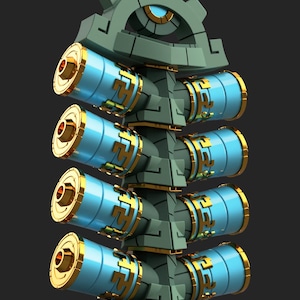 May include: A green and gold decorative object with a blue eye and multiple blue and gold cylinders. The object is reminiscent of a totem pole.