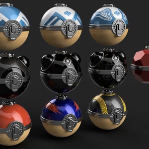 May include: Ten decorative spheres with different designs and colors. Each sphere has a silver latch and a wooden base. The designs include a blue sphere with a white mountain design, a black sphere with a silver design, a red sphere with a geometric design, and a blue sphere with a red and white lightning bolt design.