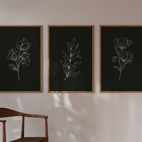 Flower Set of 3 Vintage Dark Printable Wall Art for Poster Etsy