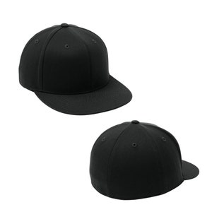 May include: Two black baseball caps, one with the peak facing forward and the other with the peak facing backward.