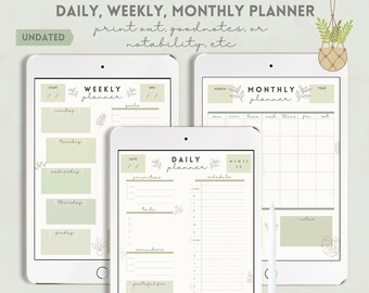 SAGE GREEN + PLANTS Undated Digital Planner for Goodnotes, Notability, iPad/tablets - Daily, Weekly, Monthly Planner 2023 [Portrait Version]