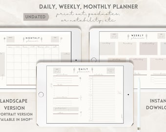 BEIGE + SIMPLE Undated Digital Planner for Goodnotes, Notability, iPads/tablets - Daily, Weekly, Monthly Planner 2023 [Landscape Version]