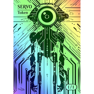 May include: A black and white illustration of a robot with a large eye, set against a rainbow gradient background. The robot is made of circuit boards and wires. The text "SERVO Token" and "1/1" are visible in the image.