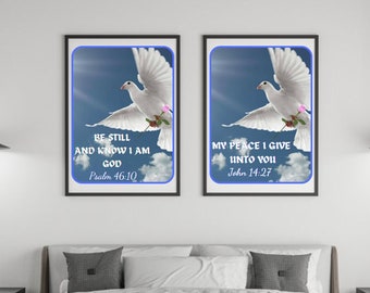 Bible Verse Wall Art Gallery Set of 2 Prints, Be Still and Know I am God, My Peace I give unto you, Scripture Art for Christian Decor