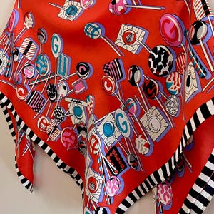 Bufanda de seda vintage, bufanda de diseñador, bufanda cuadrada con estampado de piruletas, bufandas para mujer, ¡regalo para ella!