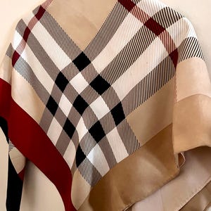Vintage check silk scarf, Designers beige silk scarf, Square scarf, Scarves for women, Gifts for women