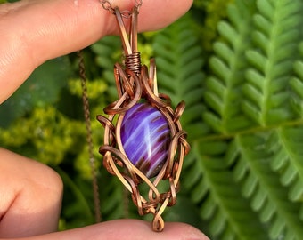 Necklace Sigyn ~ Handmade copper wire wrapped pendant ~ Unique Amethyst jewelry leaf bead ~ Elven fantasy gemstone ~ Celtic women gift