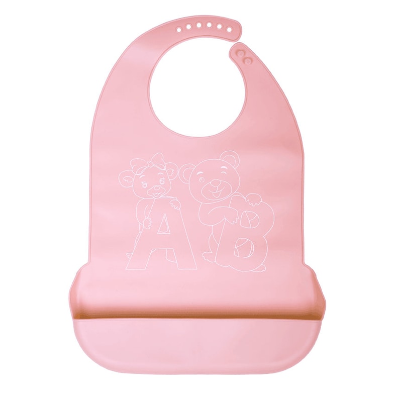 May include: Pink silicone baby bib with a pocket to catch food. The bib features a white outline of two bears holding the letters A and B.