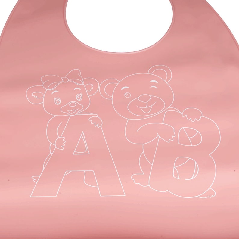 May include: Pink silicone baby bib with a white outline of a bear holding the letter B and a bear with a bow holding the letter A.