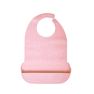 May include: Pink silicone baby bib with a pocket, featuring a white outline of a bear and a bunny holding the letters A and B.