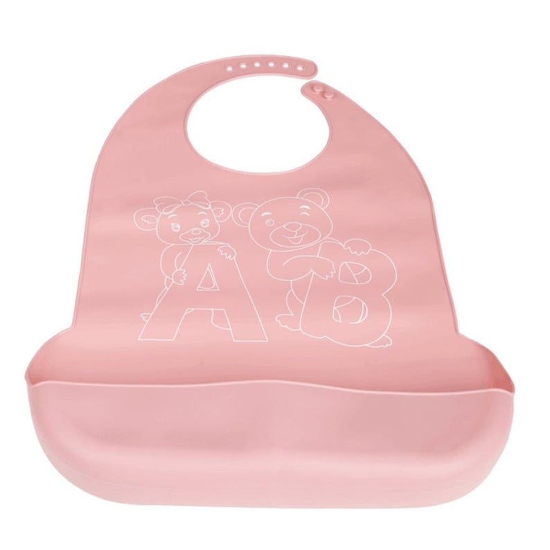 May include: Pink silicone baby bib with a built-in food catcher. The bib features a white outline of a bear and a cow holding the letters A and B.