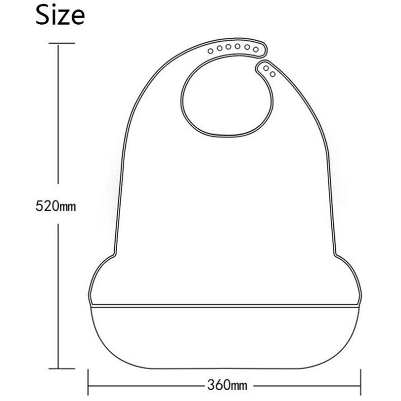 May include: A white silicone bib with a 360mm wide and 520mm tall design. The bib has a pocket to catch food and a neck strap with adjustable snaps.