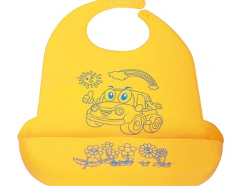 Tangerine Silicone Adult Bib: Waterproof ABDL Car Print