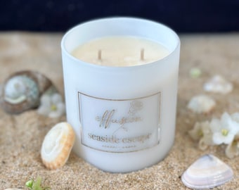 Tranquil Seaside Escape: Handcrafted Luxury Candle Infused with Calming Ocean, Revitalising Ozone, Serene Jasmine, and Earthy Rosewood Notes