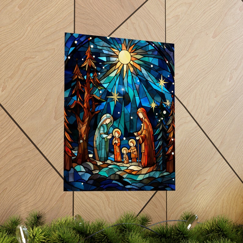 Nativity Scene Wall Art Stained Glass Style Poster Vintage Etsy