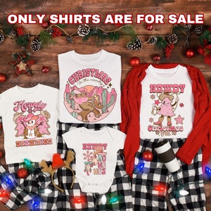 Family Western Pink Christmas Shirts, Cowgirl Cowboy Santa Claus, Retro Xmas Pajamas, Sweatshirt, Funny Matching PJs, Group Holiday Sweaters