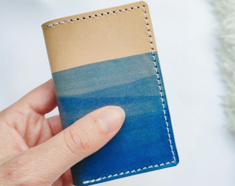 Leather card holder. Sea landscape blue tint pattern. Card range. Small leather goods Men Women