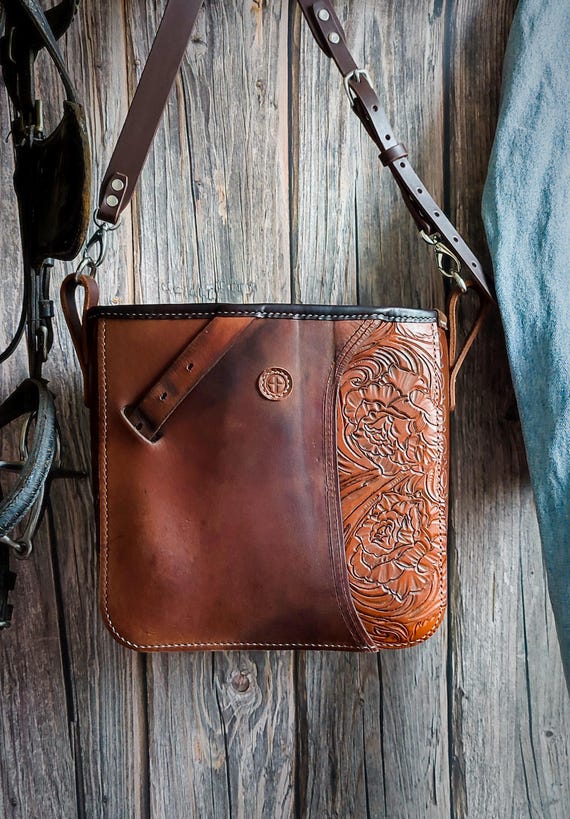 Large Western Style Crossbody Bag Brown Recycled Saddle Leather