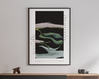 Op de afbeelding: Abstracte kunstprint met groene, blauwe en roze verfspatten op een zwarte achtergrond. De print is zwart ingelijst en heeft de tekst "CONOSCI TE STESSO" in wit onderaan.