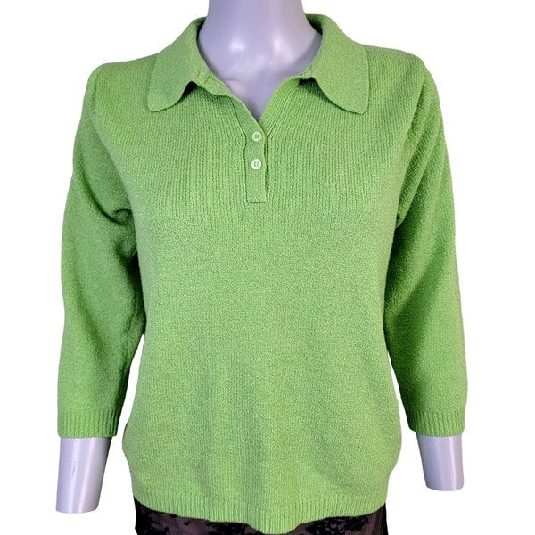 Vintage 90s Colorful Knit Sweater Polo Shirt Collar Button Top 3/4 Sleeves Casual Women 14 XL Spring Bright Green Winter Fall Retro Work L