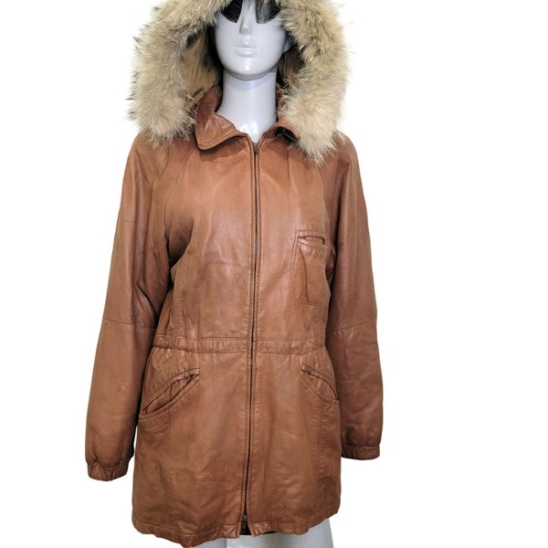 Vintage 80s Damselle Soft Leather Jacket Women XS Fur Trim Removable Hood Parka Coat Brown Fall Winter Spring Outdoors Snow Outerwear Retro