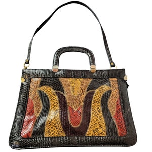 Bolso bandolera de piel vintage de los años 80 con doble asa y correa para el hombro, grande, con estampado geométrico de animales, para mujer, color negro, rojo, marrón y serpiente, único.